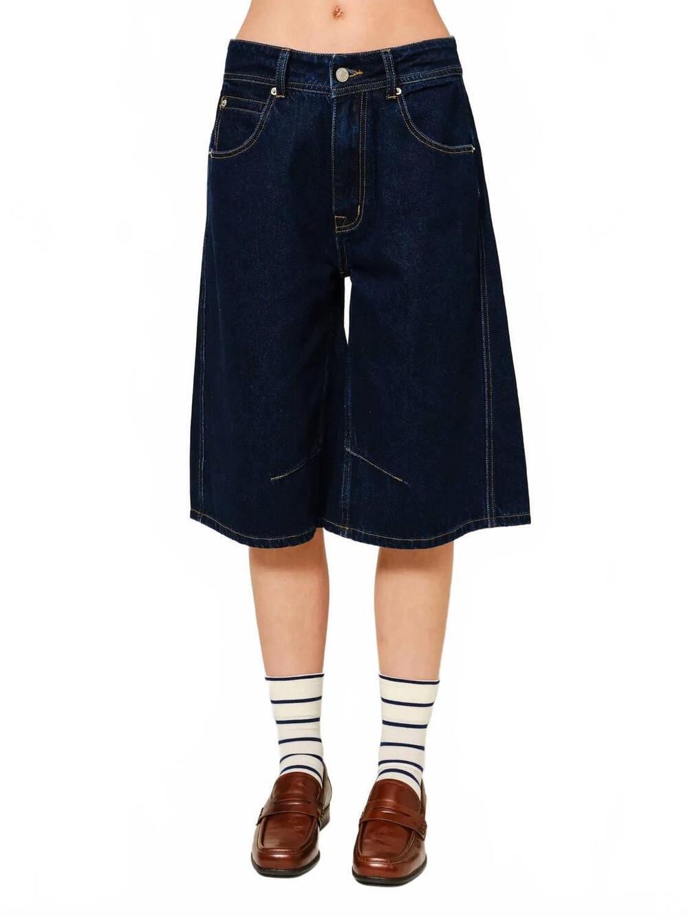 NEW AARON & AMBER lindy high waisted denim bermuda barrel shorts in dark wash